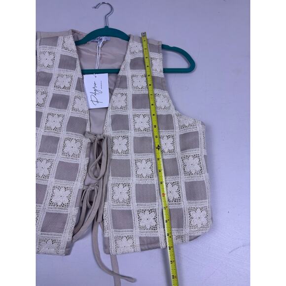 Polagram Taupe Crochet Embroidered Vest Sz L Boho Western Quilted Back NWT - Picture 7 of 7
